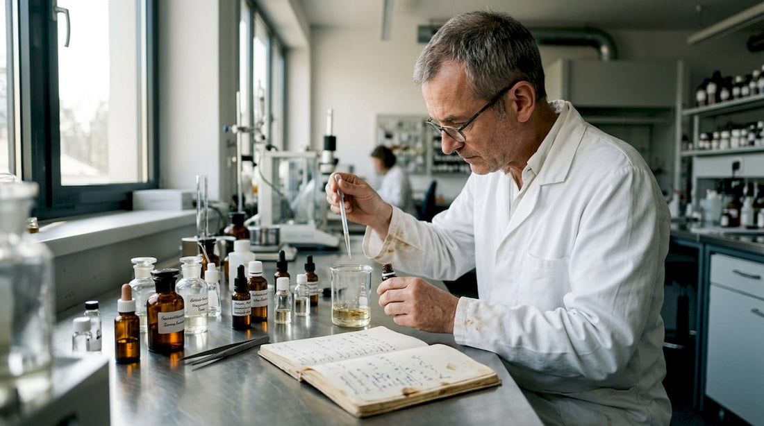 Im Labor kreiert der Parfümeur neue Duftkompositionen, indem er verschiedene Aromen sorgfältig miteinander kombiniert.