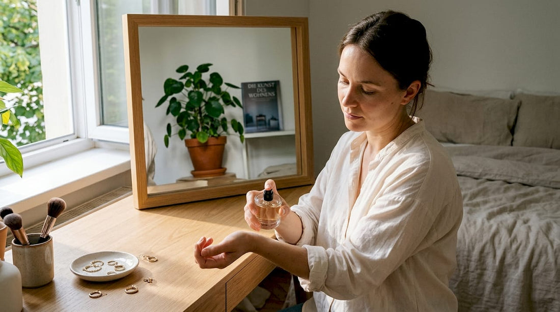 Am Morgen probiert eine Frau ein Parfum aus, indem sie es auf ihr Handgelenk sprüht.