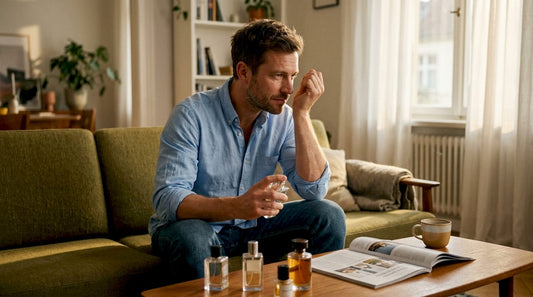 Ein Mann sitzt entspannt auf dem Sofa und probiert ein neues Parfüm aus.