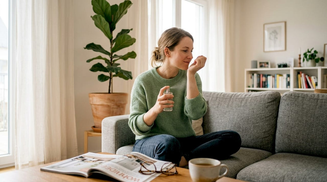 Eine Frau probiert in ihrem hellen Wohnzimmer ein neues Parfüm aus.