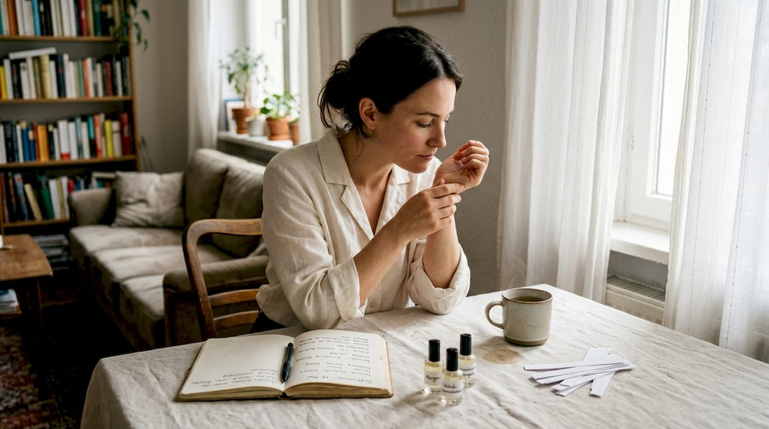 Eine Frau probiert in aller Ruhe verschiedene Parfümproben zu Hause aus.