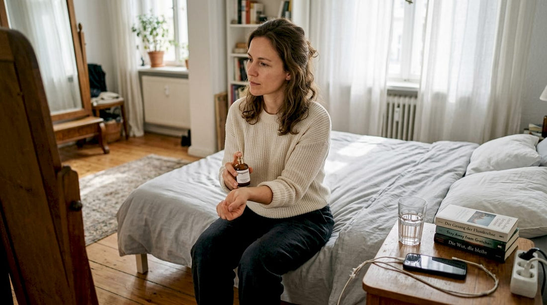 Eine Frau versprüht Parfum in ihrem lichtdurchfluteten Schlafzimmer.