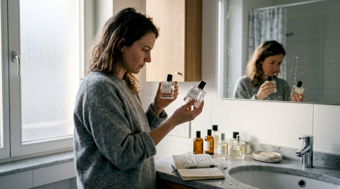 Eine Frau steht am Waschbecken und testet verschiedene Unisex-Düfte miteinander.