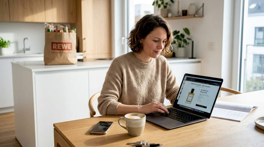 Eine Frau sitzt am Esstisch und bestellt sich online ein neues Parfüm.