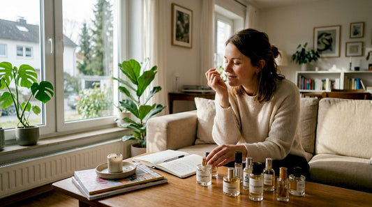 Eine Frau probiert verschiedene Parfums gemütlich am Wohnzimmertisch aus.