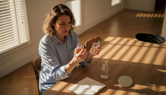 Eine Frau sitzt am Tisch und betrachtet verschiedene Parfumflakons, um sie miteinander zu vergleichen.