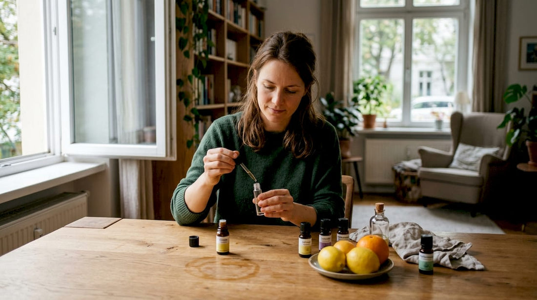 Eine Frau stellt am Wohnzimmertisch ihre eigenen Duftöle zusammen.