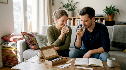 Paar testet Unisex-Parfum im Wohnzimmer
