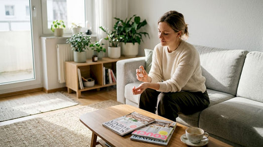 Im Wohnzimmer sprüht sich eine Frau Parfüm auf.