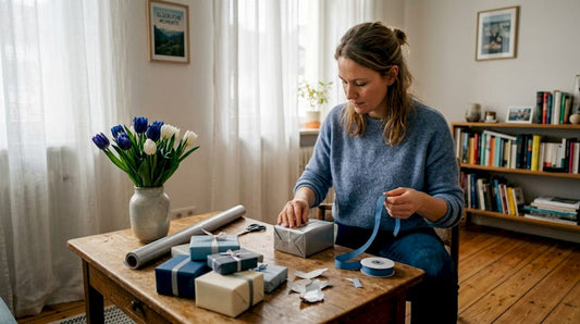 Eine Frau sitzt am Couchtisch und verpackt ein Parfüm als Geschenk.