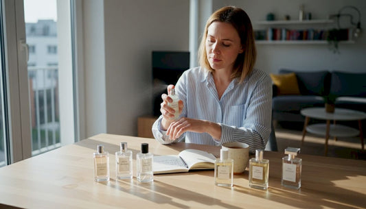 Eine Frau probiert verschiedene Parfums am Küchentisch aus.