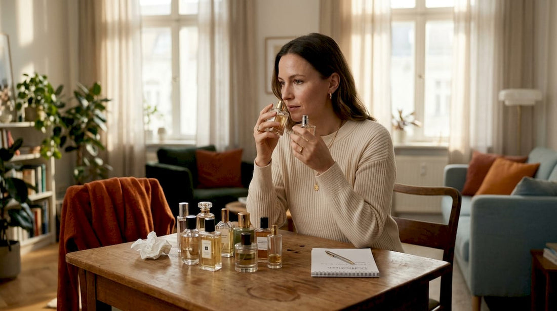 Eine Frau testet und vergleicht verschiedene Parfum-Dupes ganz entspannt zu Hause.