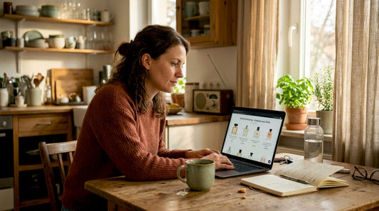 Eine Frau stöbert gemütlich am Wohnzimmertisch durch Online-Shops und bestellt sich ein neues Parfüm.