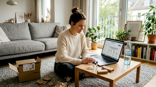 Eine Frau sitzt entspannt auf dem Sofa und stöbert online nach verschiedenen Parfums, um die besten Düfte miteinander zu vergleichen.