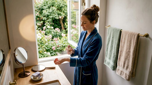 Am Morgen sprüht eine Frau im Badezimmer ein neues Parfüm auf und prüft, wie es duftet.