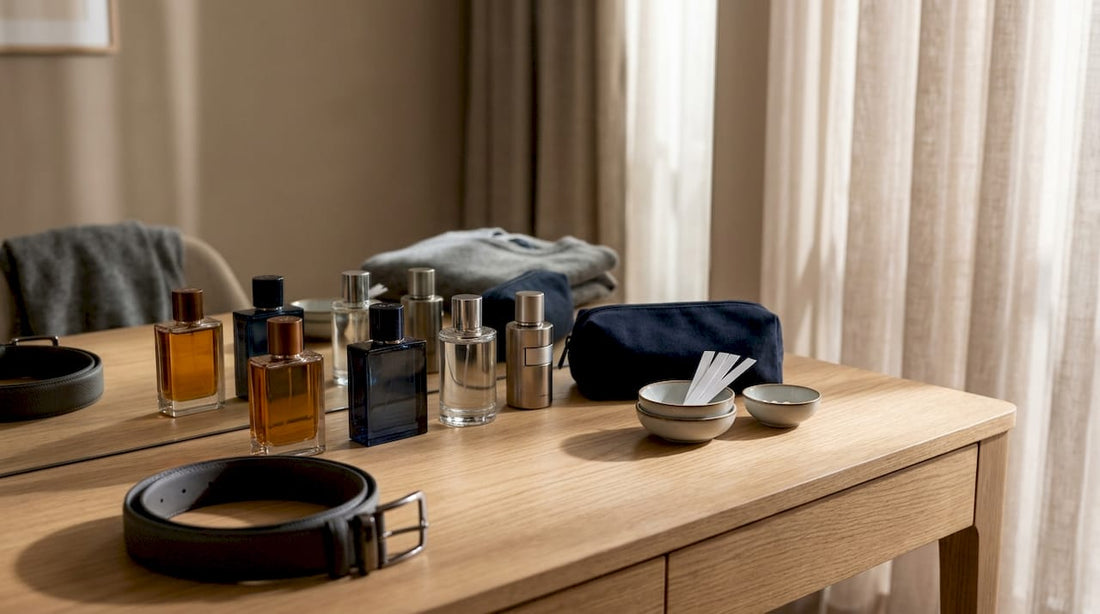 Verschiedene Herrenparfums stilvoll auf einer Holzkommode arrangiert