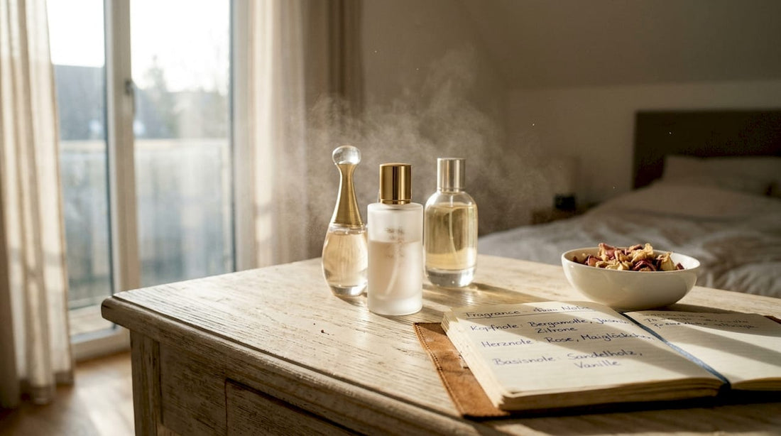 Sorgfältig arrangierte Parfumflakons verleihen dem Schminktisch einen Hauch von Eleganz.