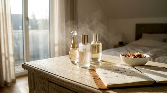 Sorgfältig arrangierte Parfumflakons verleihen dem Schminktisch einen Hauch von Eleganz.