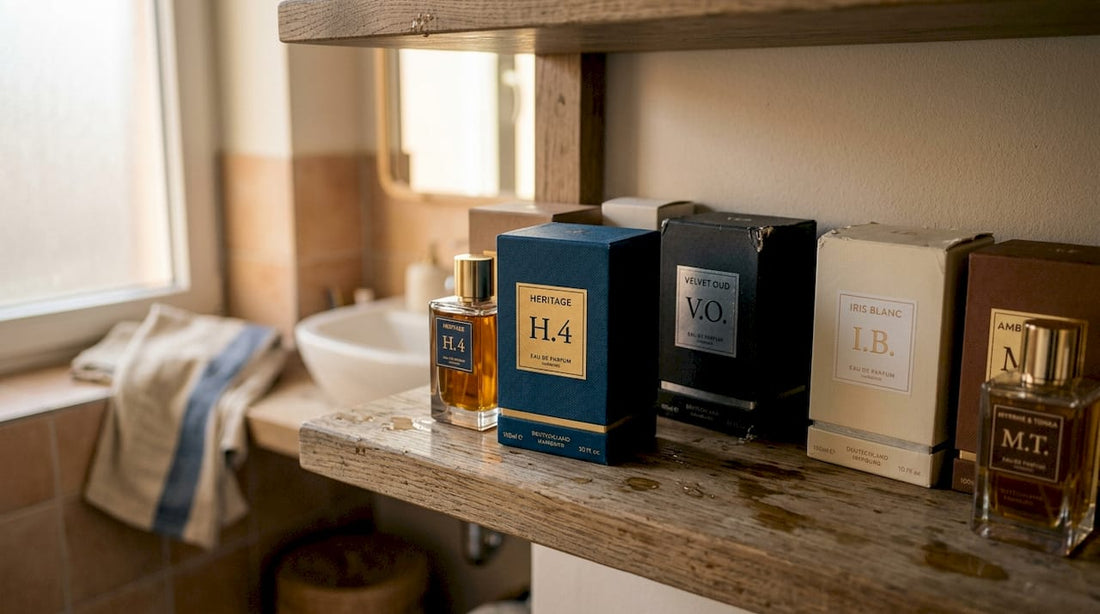 Edle Parfumflakons aus Glas stehen ordentlich arrangiert im Schrank.