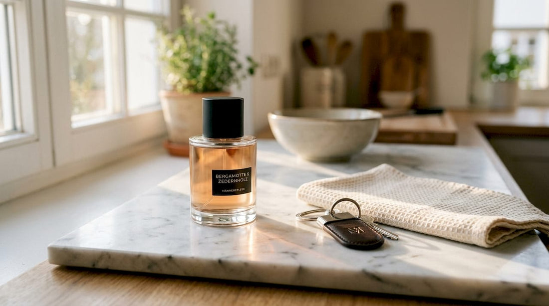 Ein schlichtes Herrenparfum auf einer Holzkommode – stilvoll und zeitlos präsentiert.