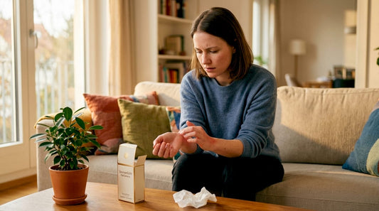 Eine Frau betrachtet aufmerksam eine Hautreaktion auf ihrem Arm und prüft, ob es sich um eine Allergie handeln könnte.
