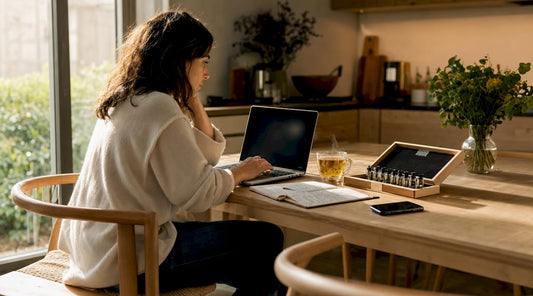Eine Frau informiert sich am Laptop über die Erfahrungen anderer mit verschiedenen Parfums.
