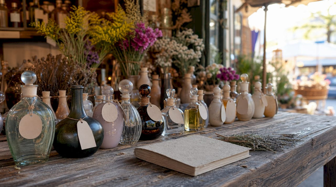 Handgefertigte Nischenparfums stilvoll auf einem Holztisch arrangiert