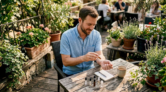 Ein Mann probiert verschiedene Parfüms in den eigenen vier Wänden aus.
