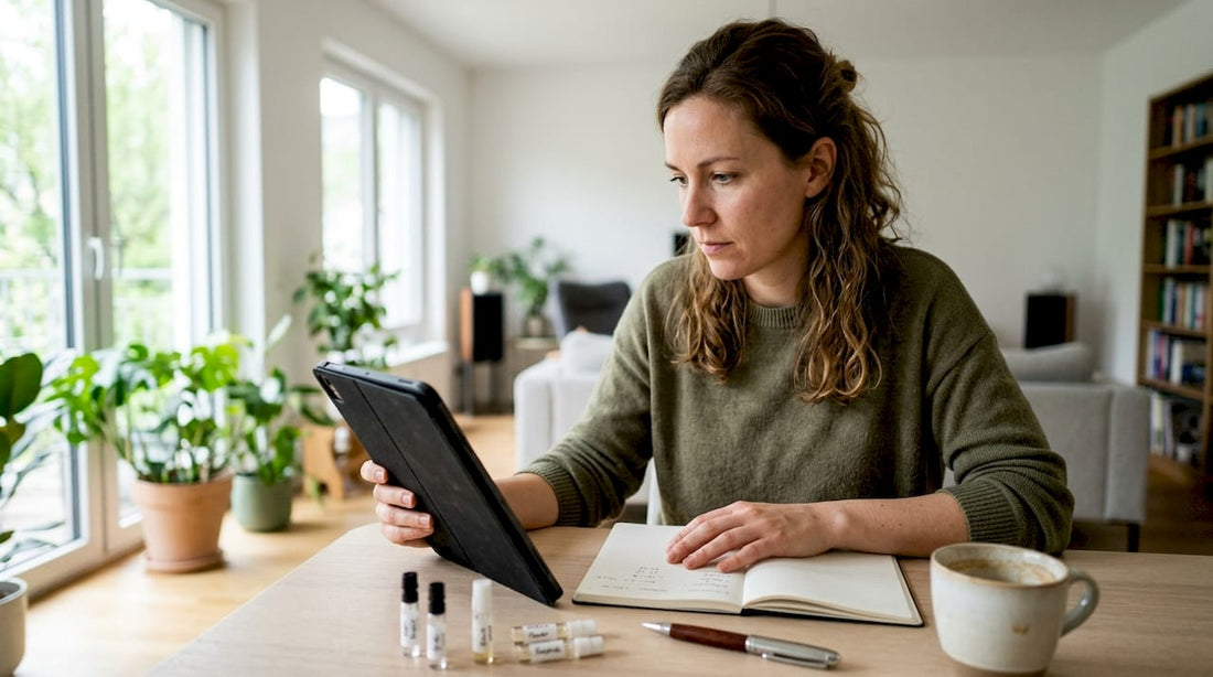 Eine Frau stöbert auf ihrem Tablet nach günstigen Parfümangeboten und vergleicht die Preise.