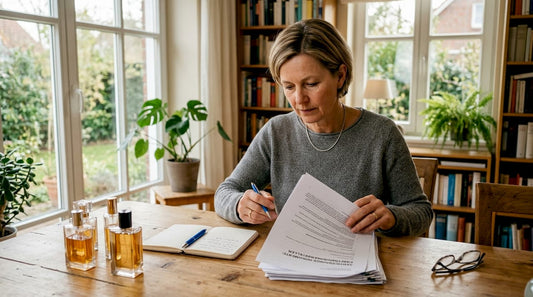 Eine Frau sitzt am Tisch und überprüft sorgfältig die Zertifikate für verschiedene Parfums.